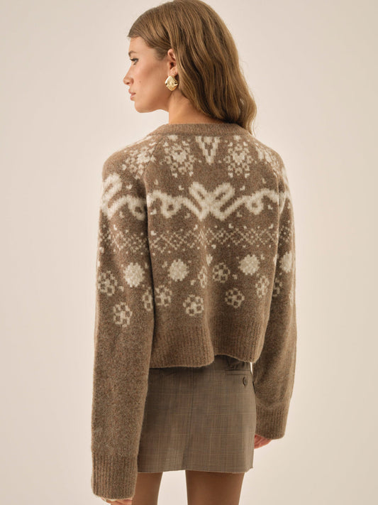 For Love and Lemons Arabella Intarsia Crewneck Cardigan - Brown