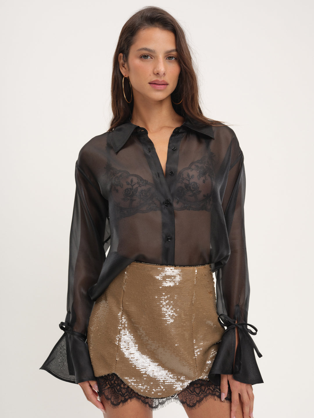 For Love and Lemons Organza Button-Up Blouse - Black
