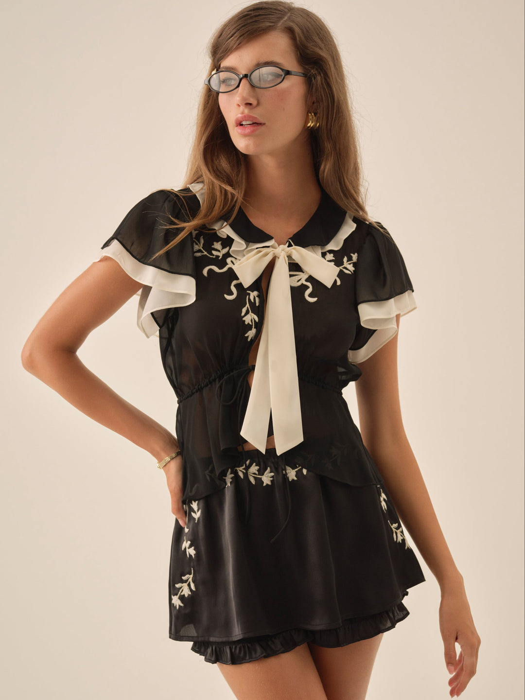 For Love and Lemons Emmie Chiffon Top - Black