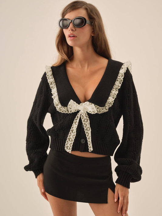For Love and Lemons Frenchy Pointelle Knit Cardigan - Black