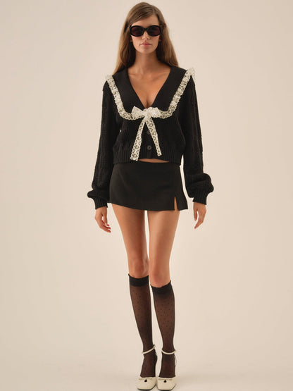 For Love and Lemons Frenchy Pointelle Knit Cardigan - Black