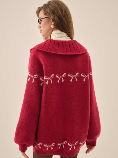 For Love and Lemons Bow Intarsia Knit Sweater - Red