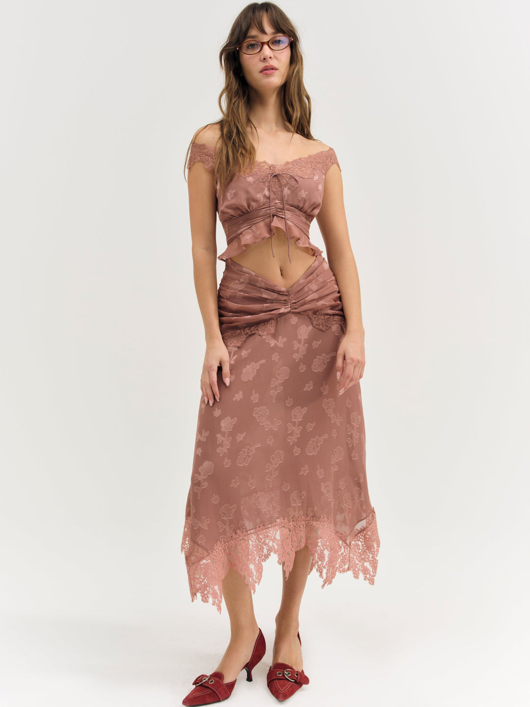 For Love and Lemons Colette Satin Burnout Top - Mahogany