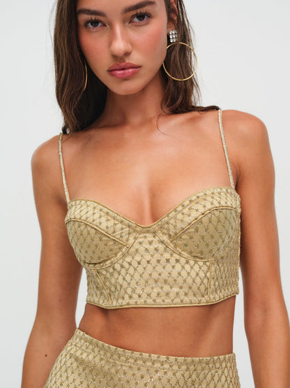 For Love and Lemons Glitter Grid Bustier Top - Gold