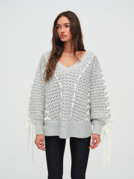 For Love and Lemons Liberty V Neck Sweater - Grey