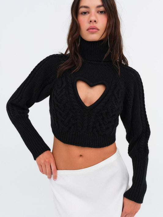 For Love and Lemons Vera Cropped Cut Out Sweater - Black