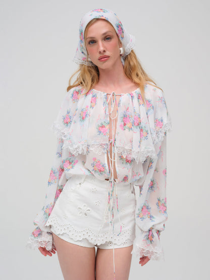 For Love and Lemons Doily Bouquet Long Sleeve Top - White