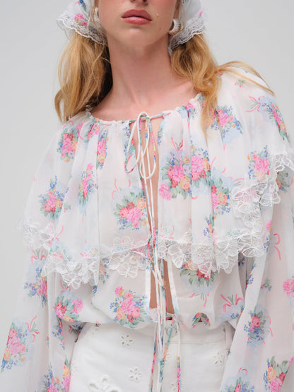 For Love and Lemons Doily Bouquet Long Sleeve Top - White