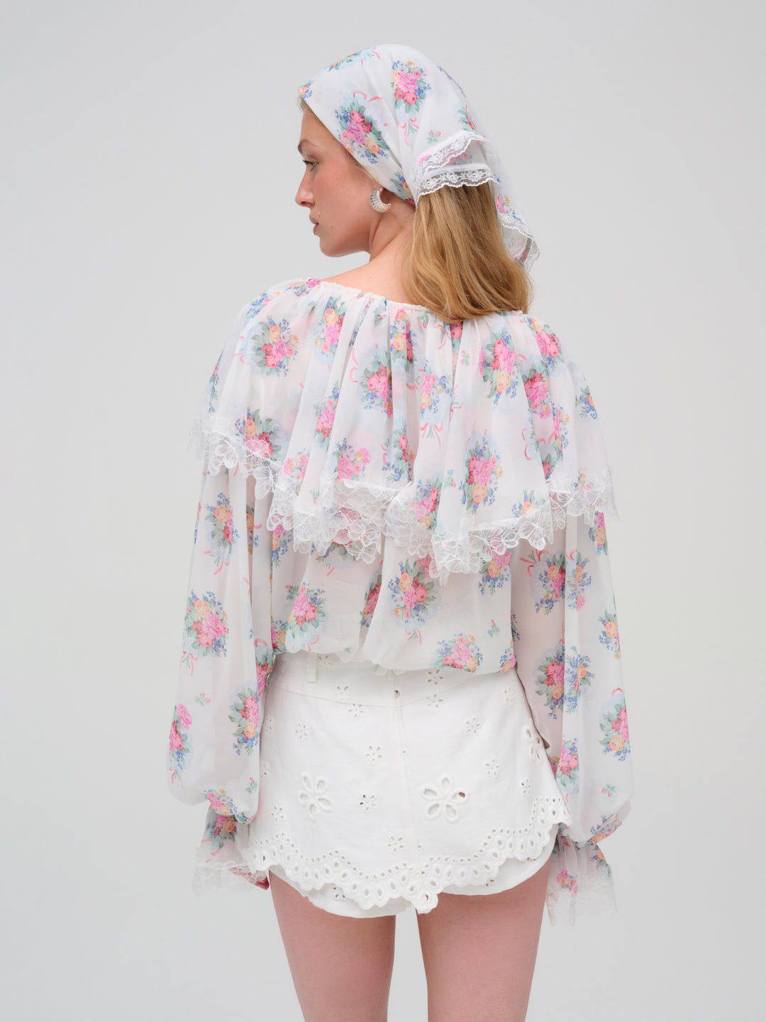 For Love and Lemons Doily Bouquet Long Sleeve Top - White