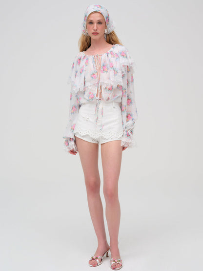 For Love and Lemons Doily Bouquet Long Sleeve Top - White
