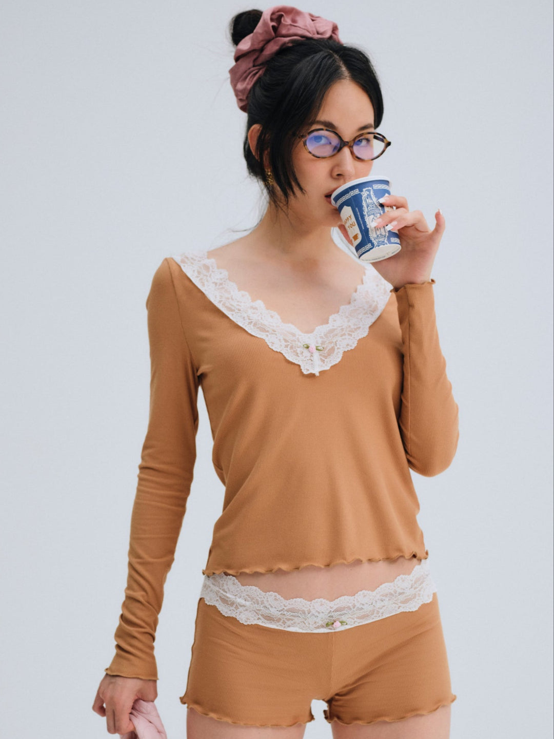 For Love and Lemons Eisley Ribbed Knit Top - Brown