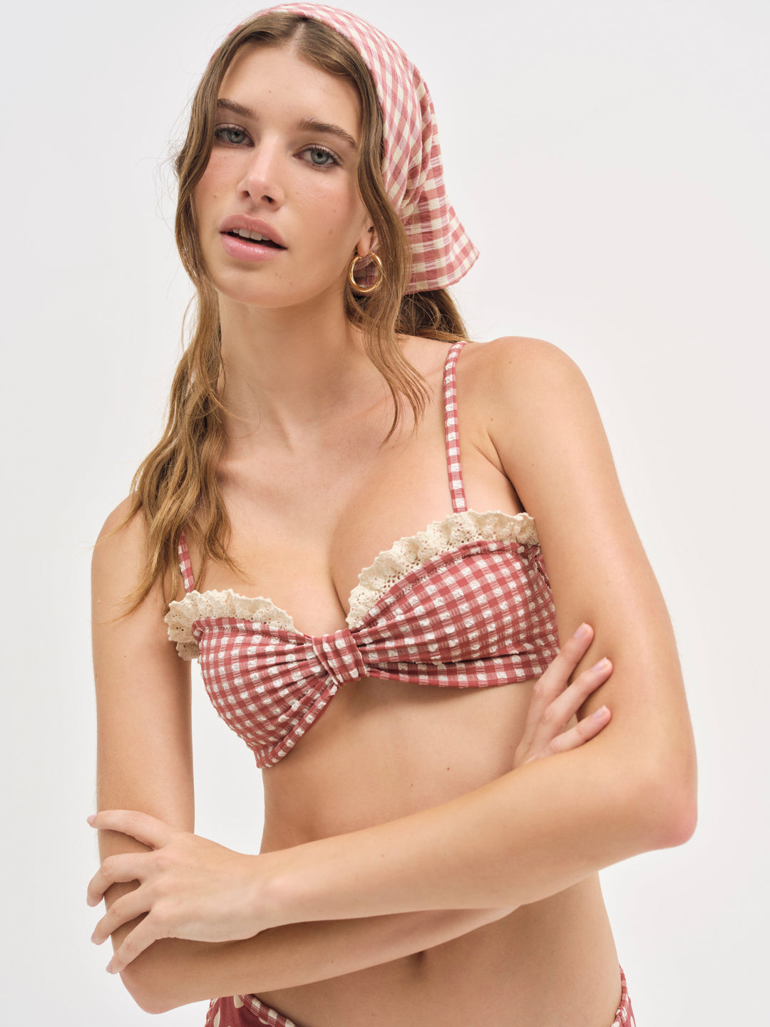 For Love and Lemons Gingham Bandeau Bikini Top - Red