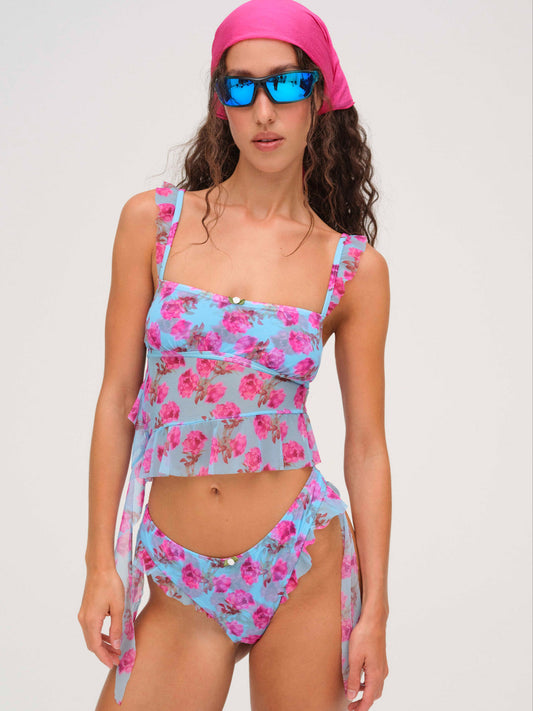 For Love and Lemons Floral Stems Ruffle Tankini - Blue