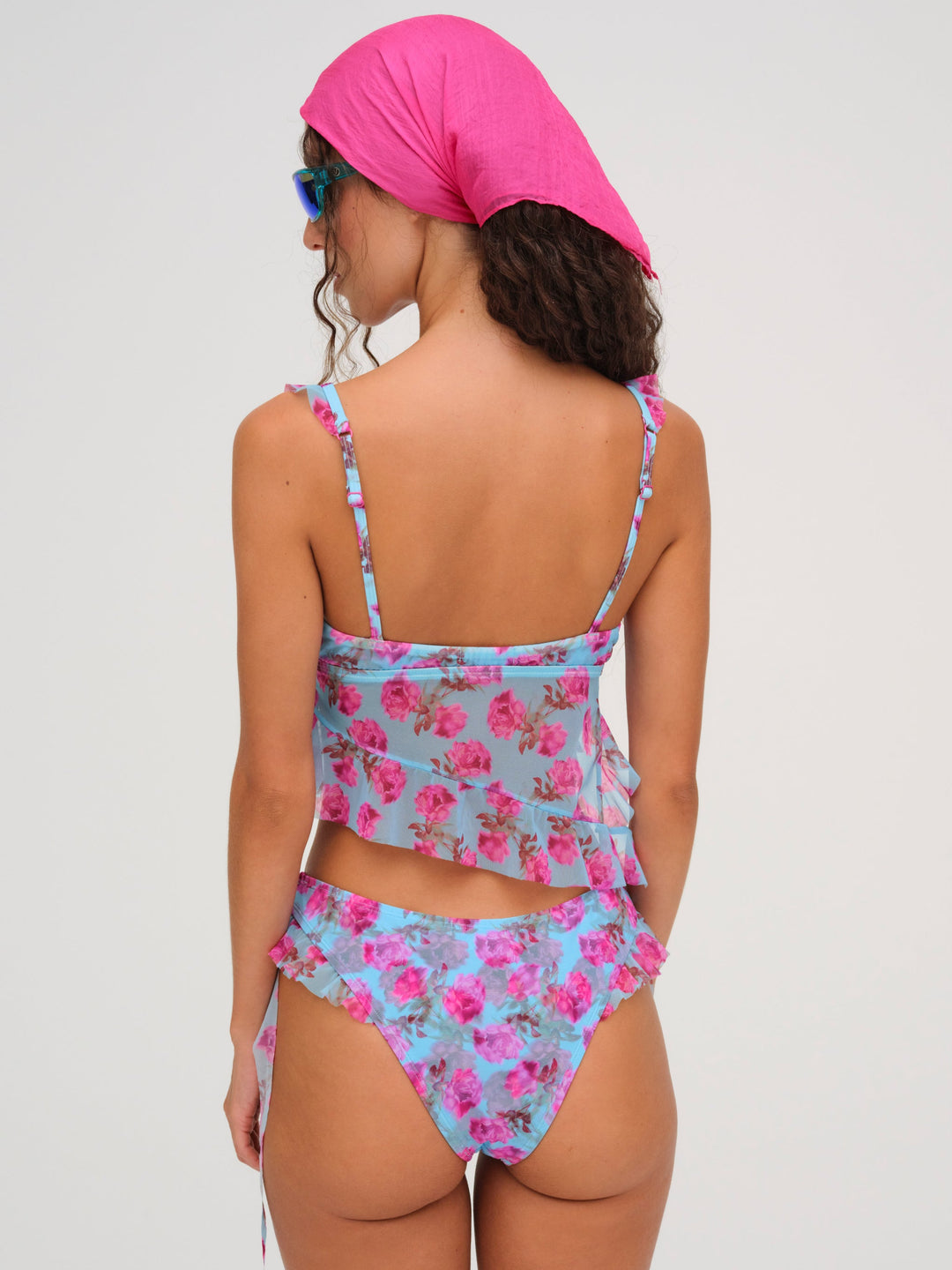 For Love and Lemons Floral Stems Ruffle Tankini - Blue