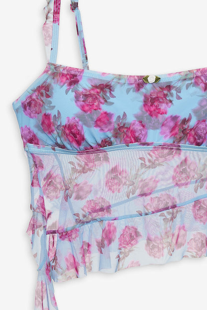 For Love and Lemons Floral Stems Ruffle Tankini - Blue