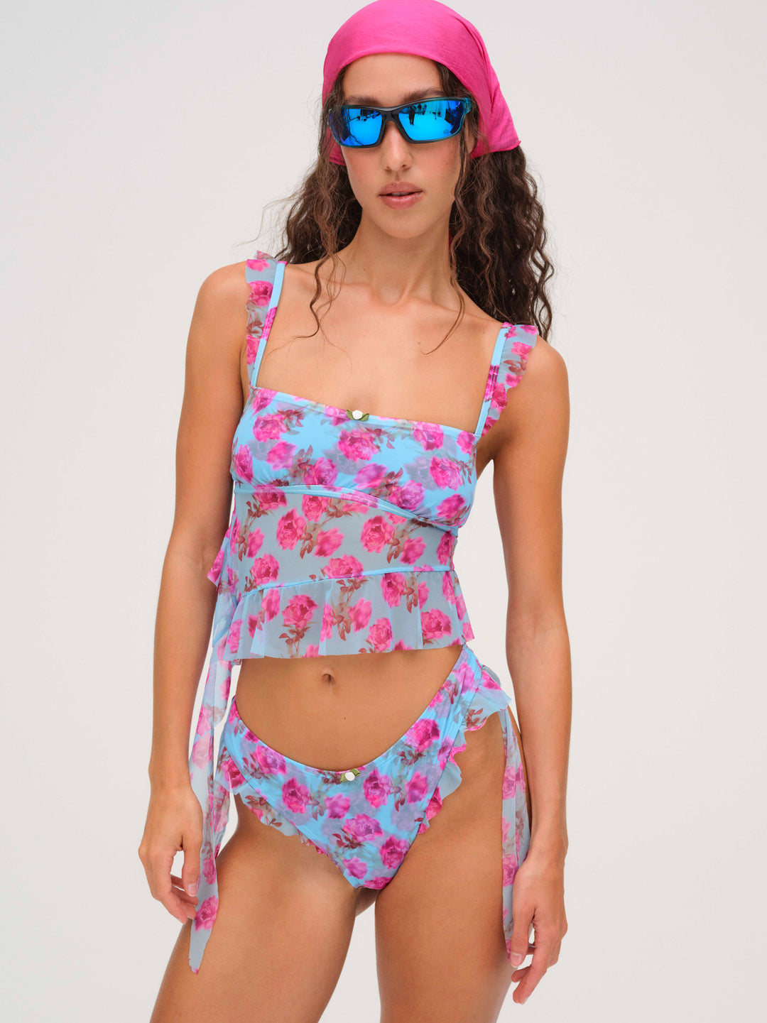For Love and Lemons Floral Stems Ruffle Bikini Bottom - Blue