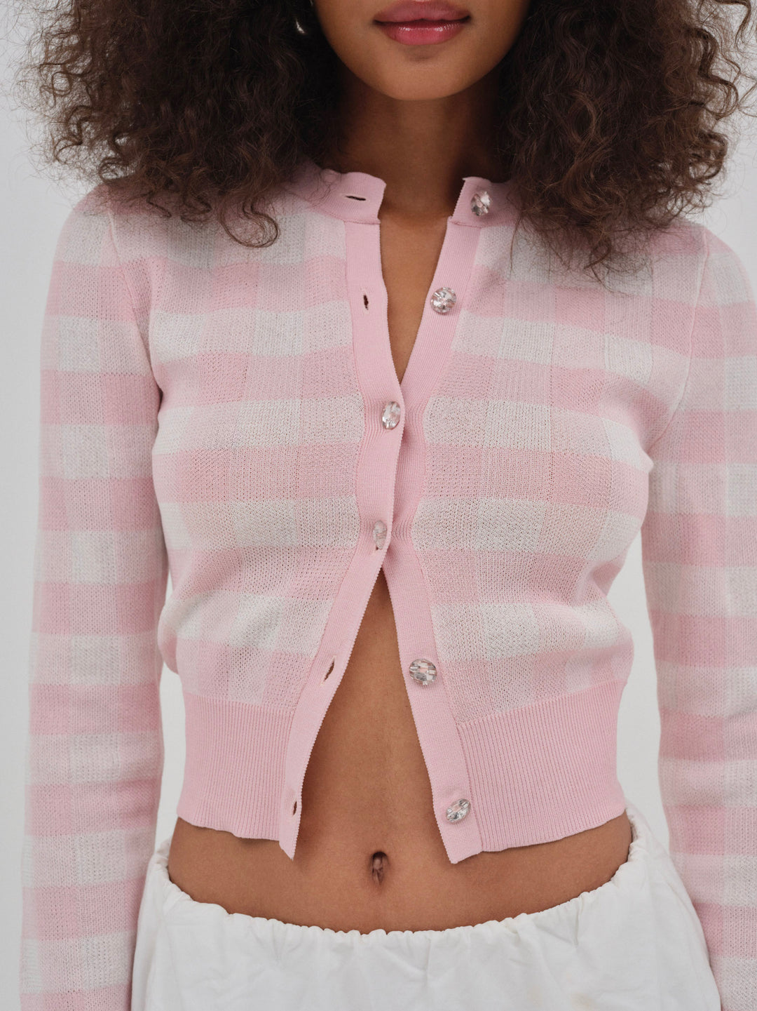 For Love and Lemons Brushed Gingham Knit Cardigan - Pink