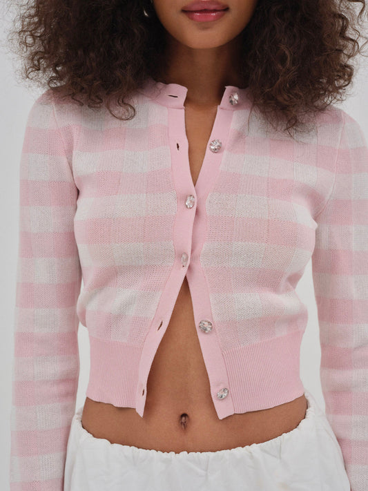 For Love and Lemons Brushed Gingham Knit Cardigan - Pink