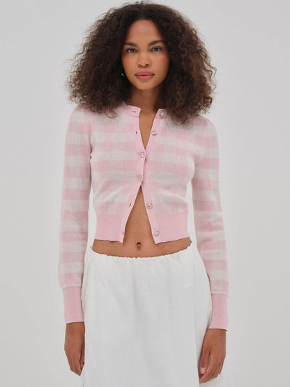 For Love and Lemons Brushed Gingham Knit Cardigan - Pink