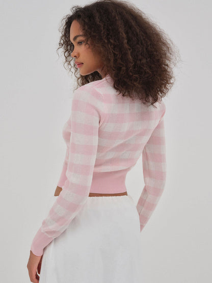 For Love and Lemons Brushed Gingham Knit Cardigan - Pink