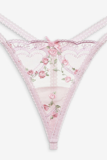 For Love and Lemons Ily Embroidered Thong Panty - Pink