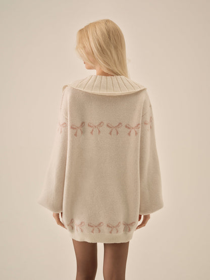 For Love and Lemons Bow Intarsia Knit Sweater - White