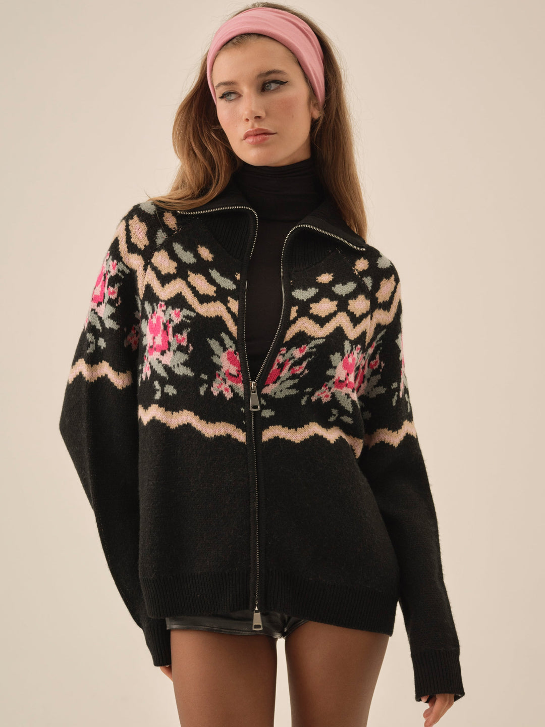 For Love and Lemons Ski Lodge Zip-Up Sweater - Black
