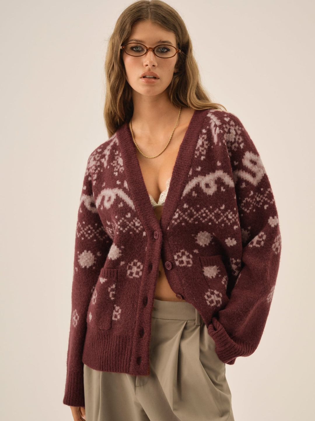 For Love and Lemons Arabella Intarsia Chunky Cardigan - Mauve