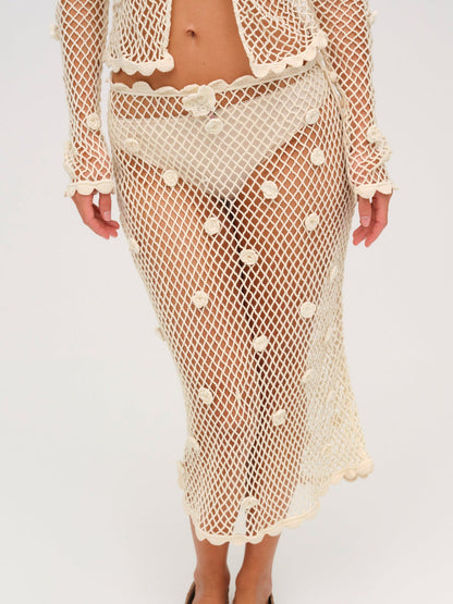 For Love and Lemons Betty Bouquet Knit Midi Skirt - Cream