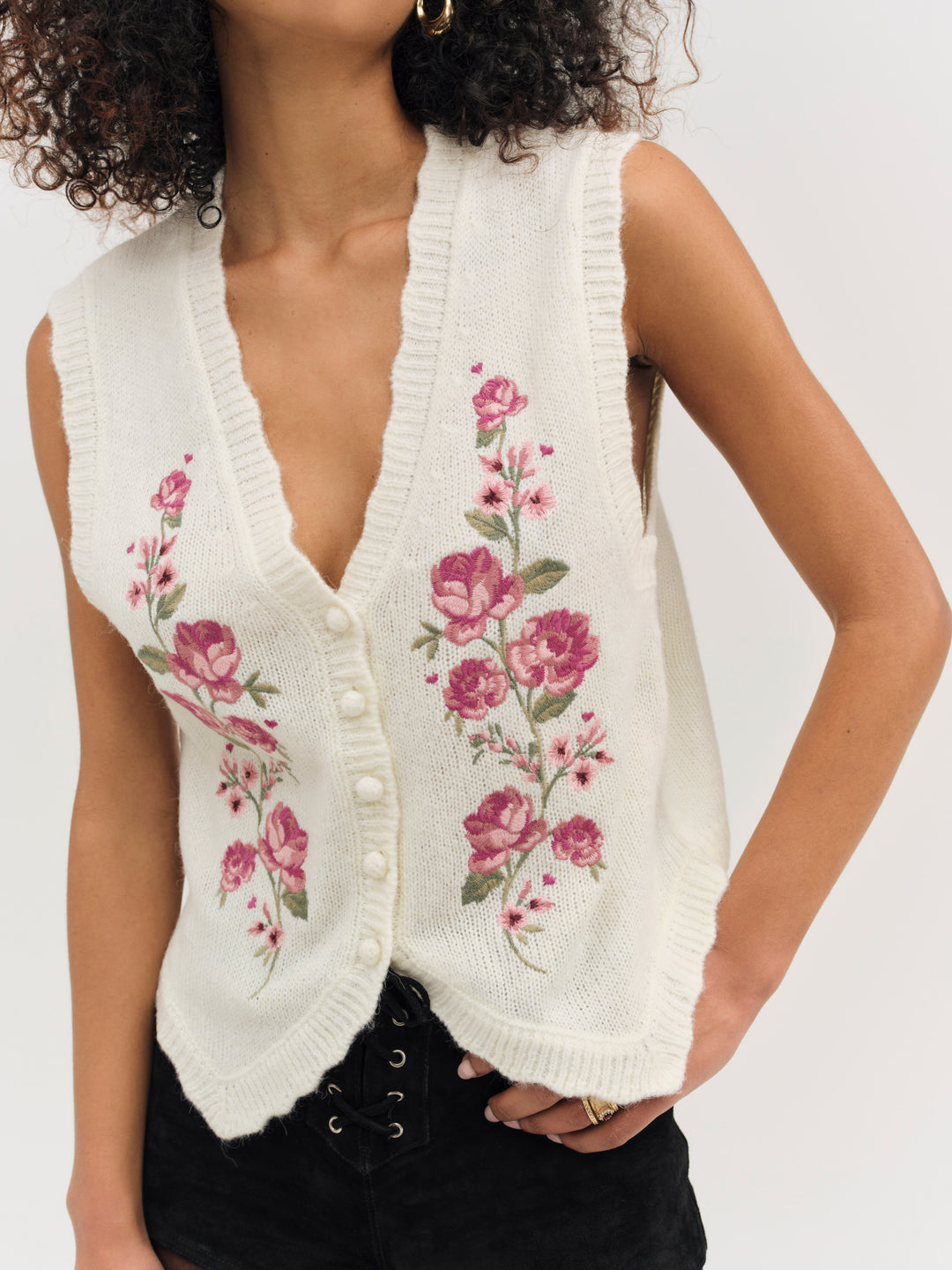 For Love and Lemons Molly Embroidered Sweater Vest - Cream
