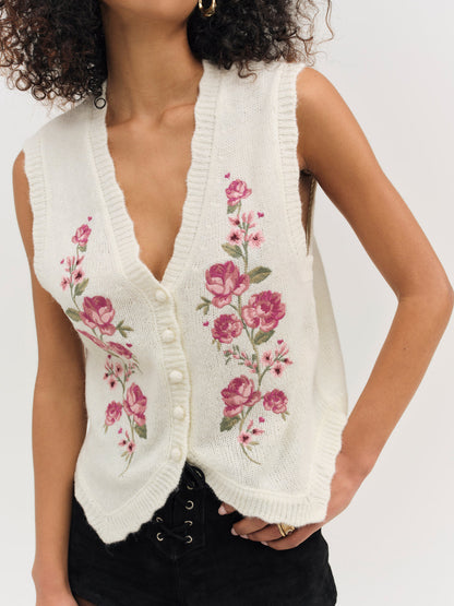 For Love and Lemons Molly Embroidered Sweater Vest - Cream