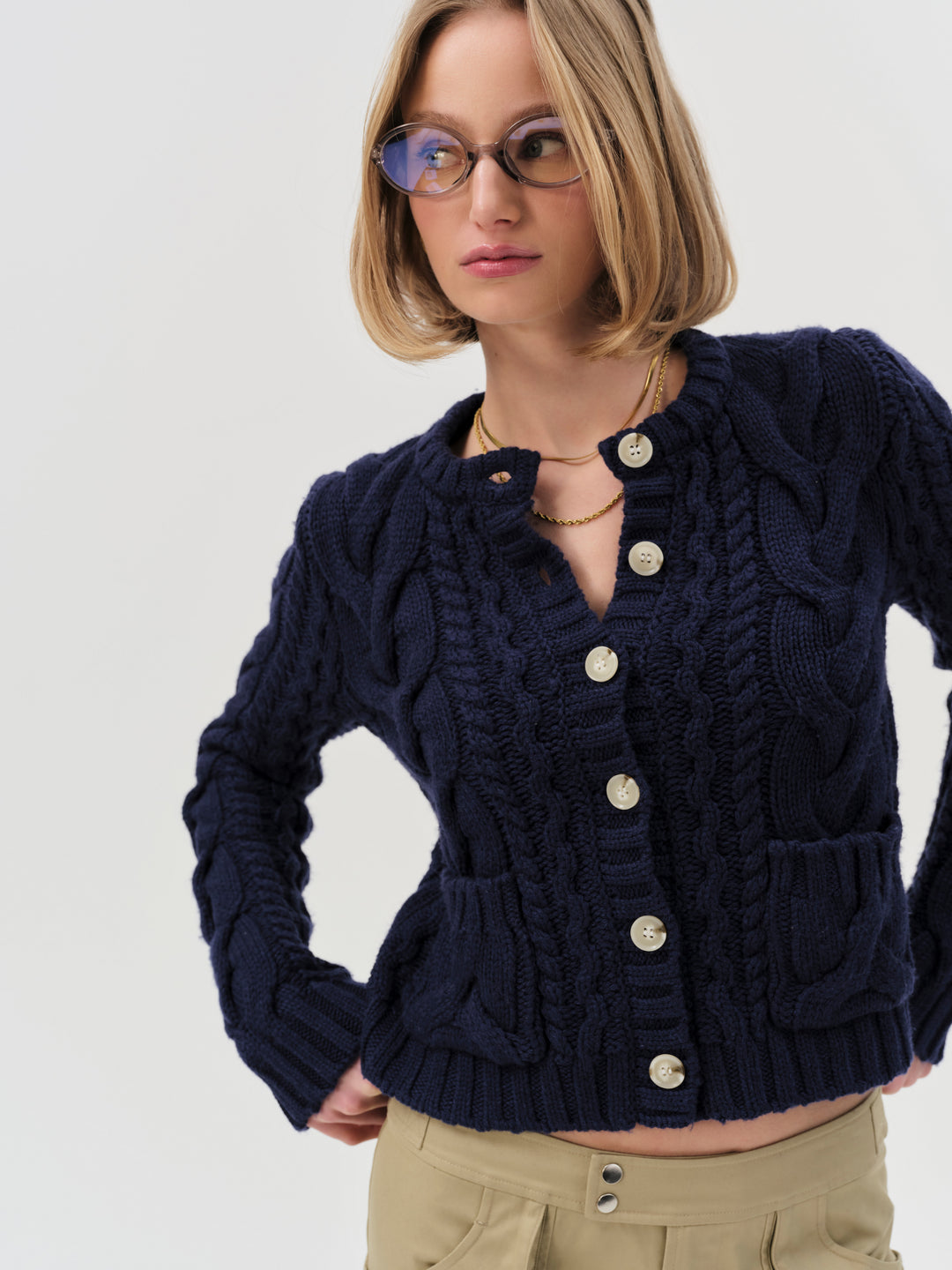 For Love and Lemons Emily Cable Knit Cardigan - Navy