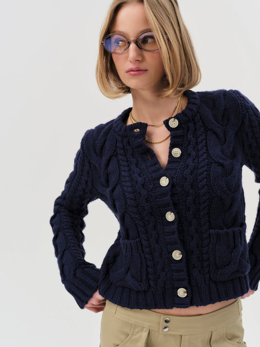 For Love and Lemons Emily Cable Knit Cardigan - Navy