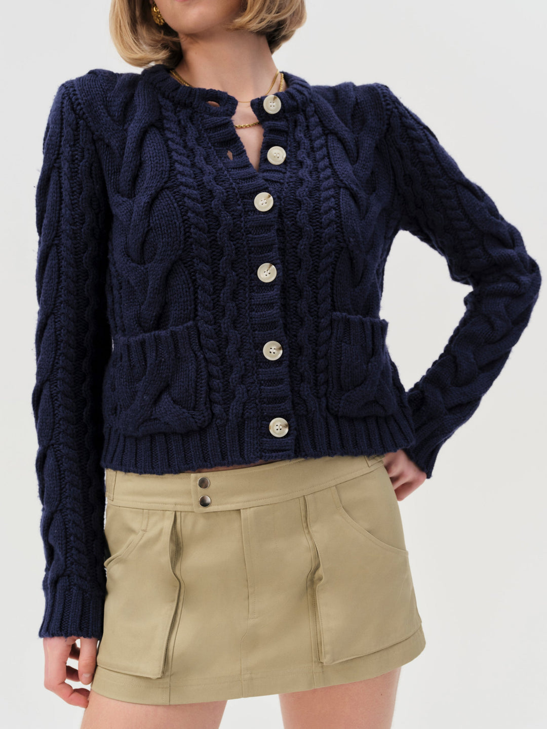 For Love and Lemons Emily Cable Knit Cardigan - Navy