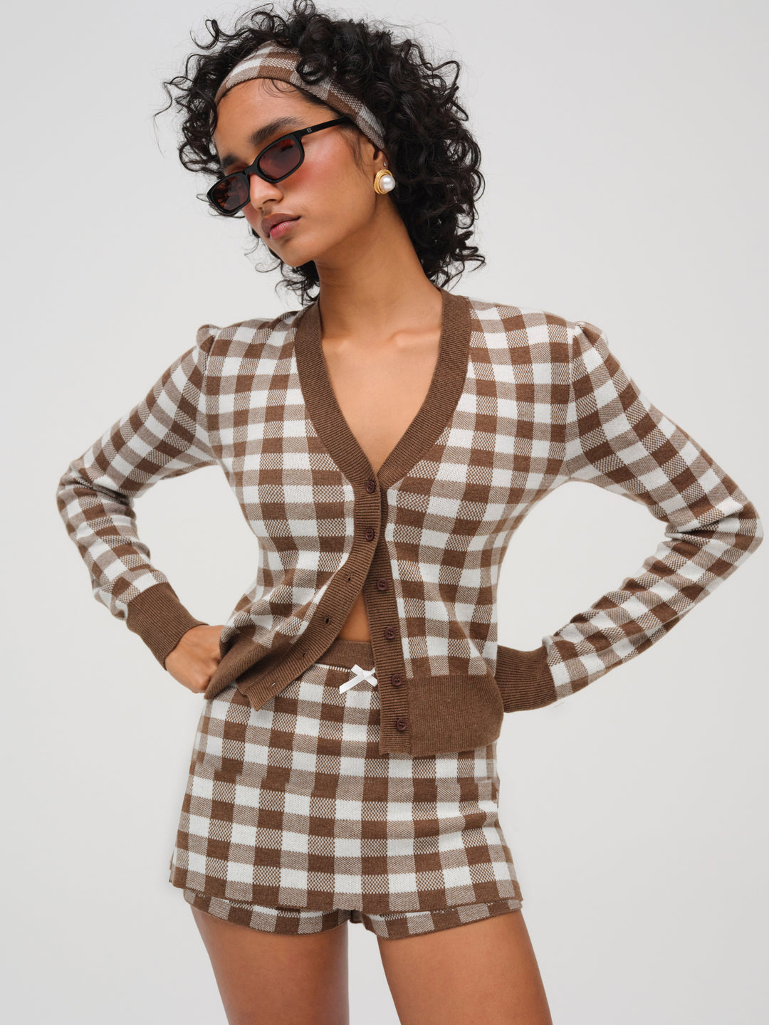 For Love and Lemons Gingham Knit Cardigan - Brown