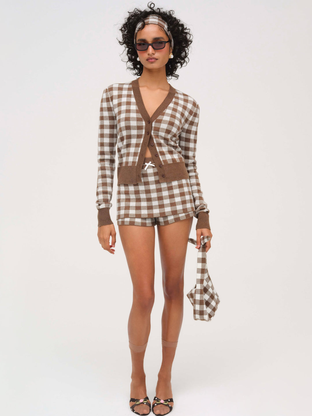 For Love and Lemons Gingham Knit Cardigan - Brown