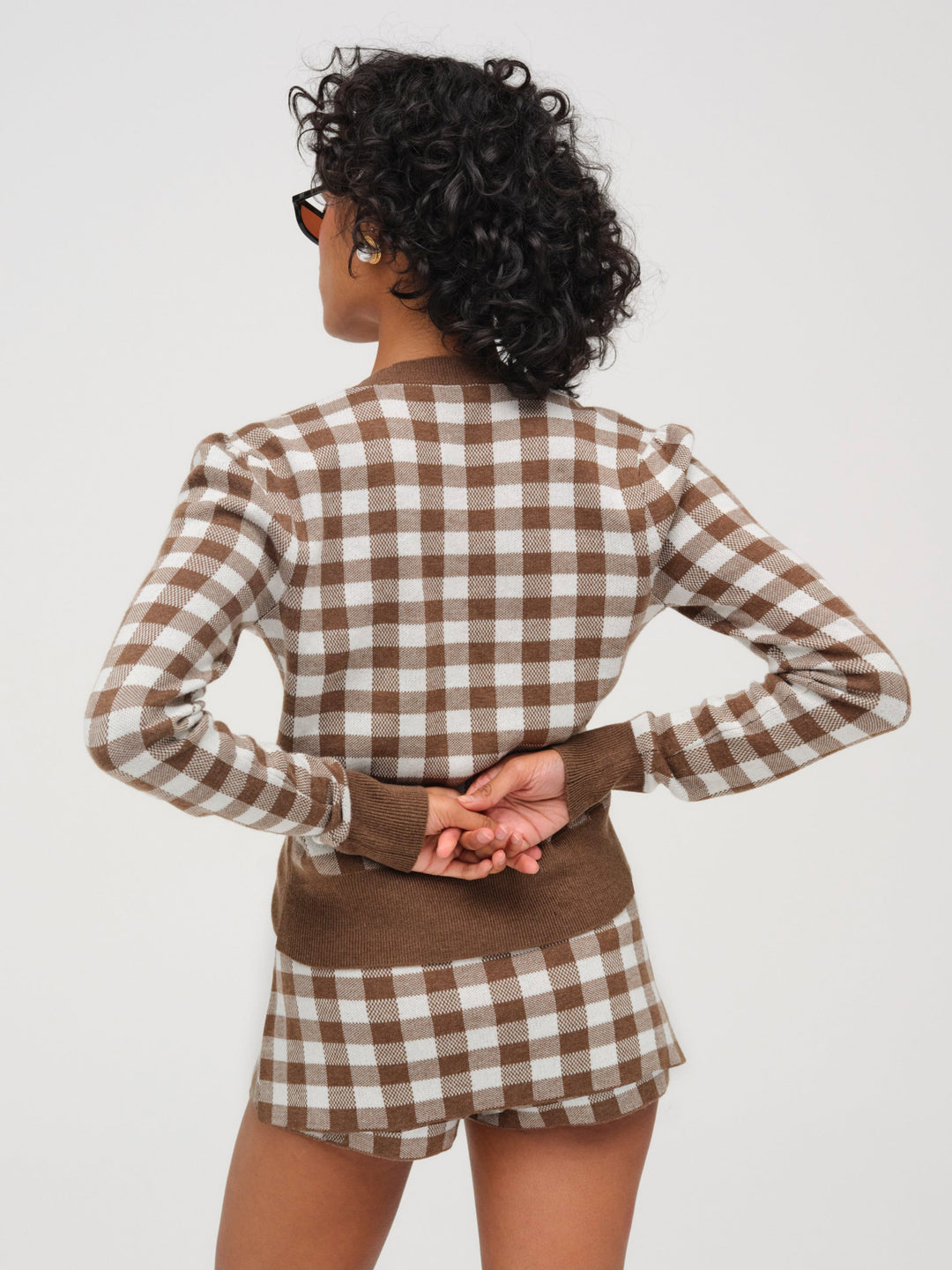 For Love and Lemons Gingham Knit Cardigan - Brown