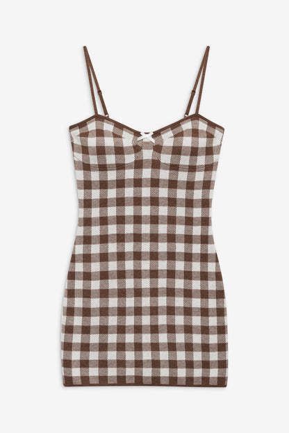 For Love and Lemons Gingham Knit Mini Dress - Brown
