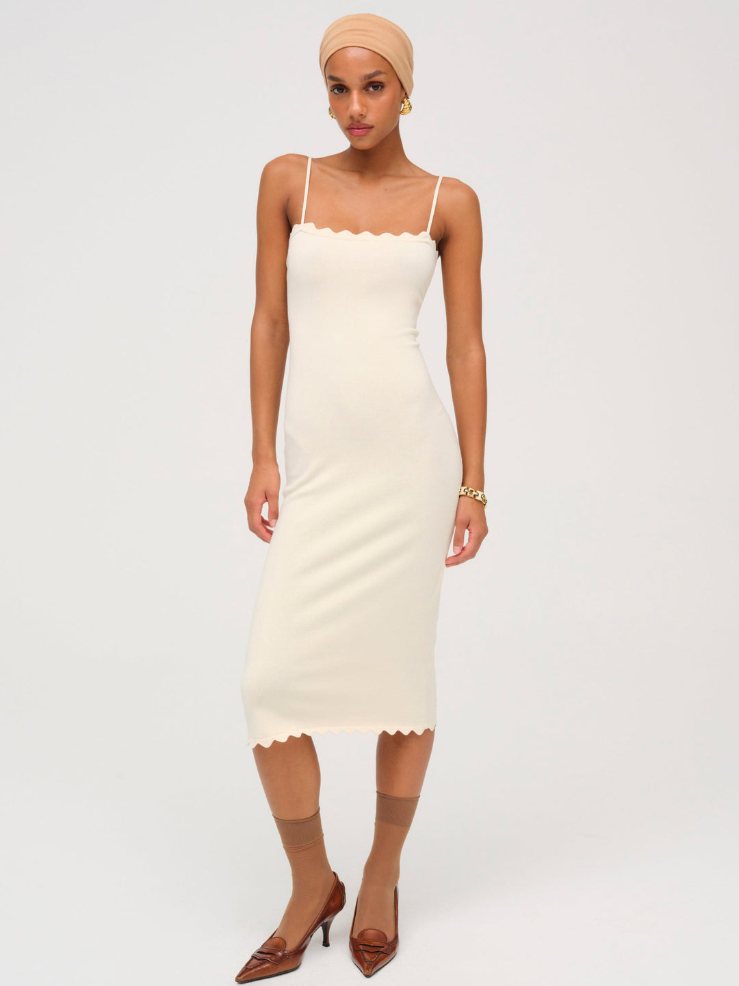 For Love and Lemons Sisi Scallop Knit Midi Dress - Cream