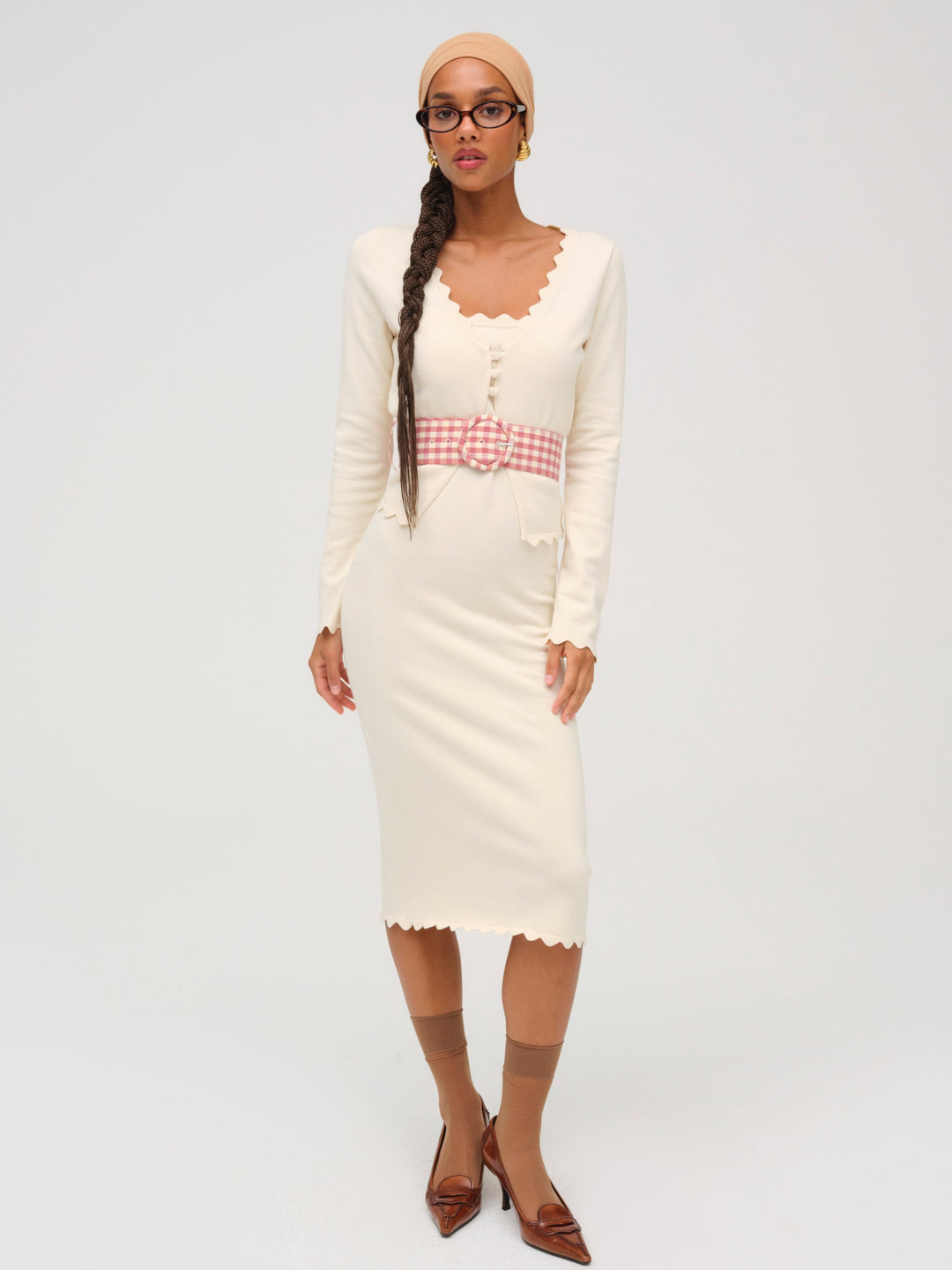 For Love and Lemons Sisi Scallop Knit Midi Dress - Cream