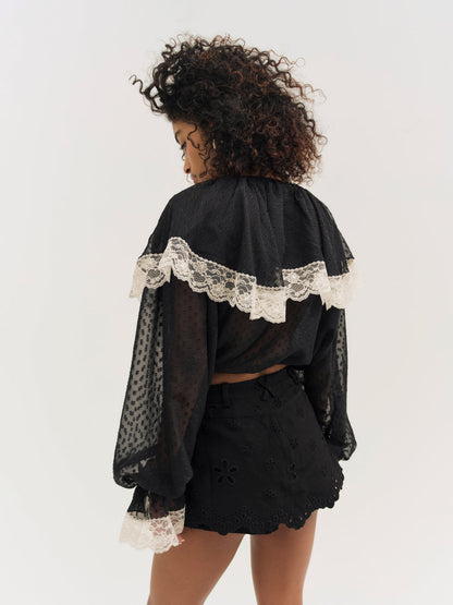 For Love and Lemons Daisy Eyelet Denim Skort - Black