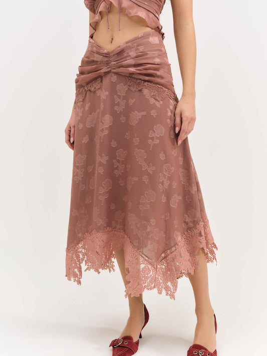 For Love and Lemons Colette Satin Burnout Midi Skirt - Mahogany