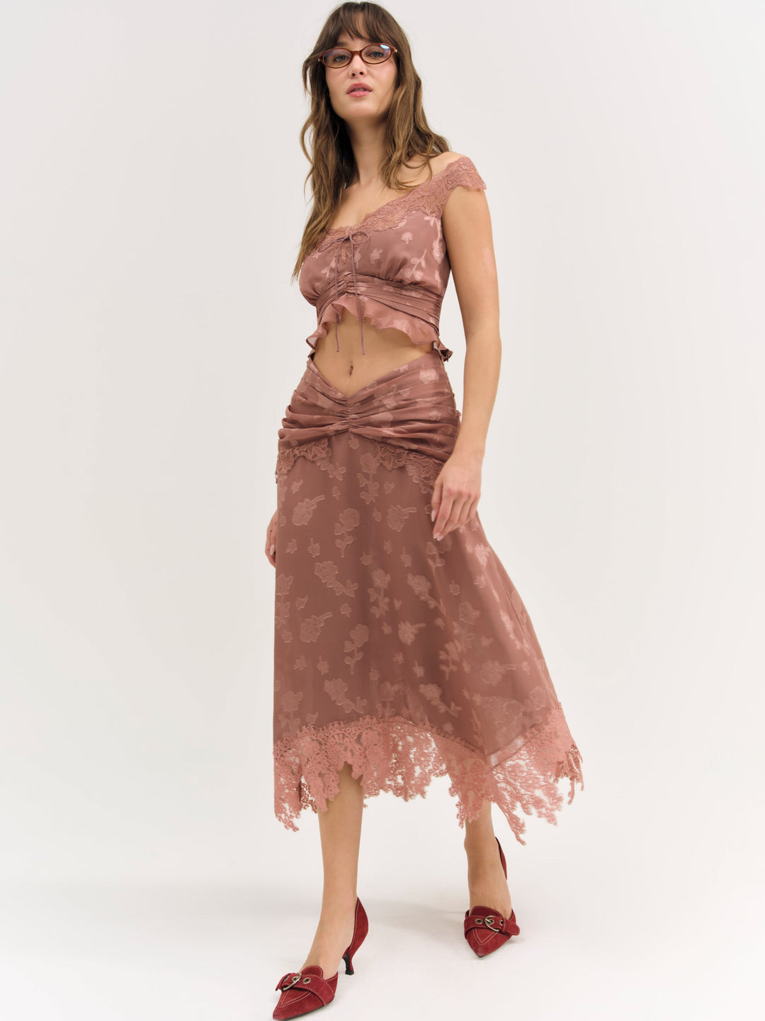 For Love and Lemons Colette Satin Burnout Midi Skirt - Mahogany