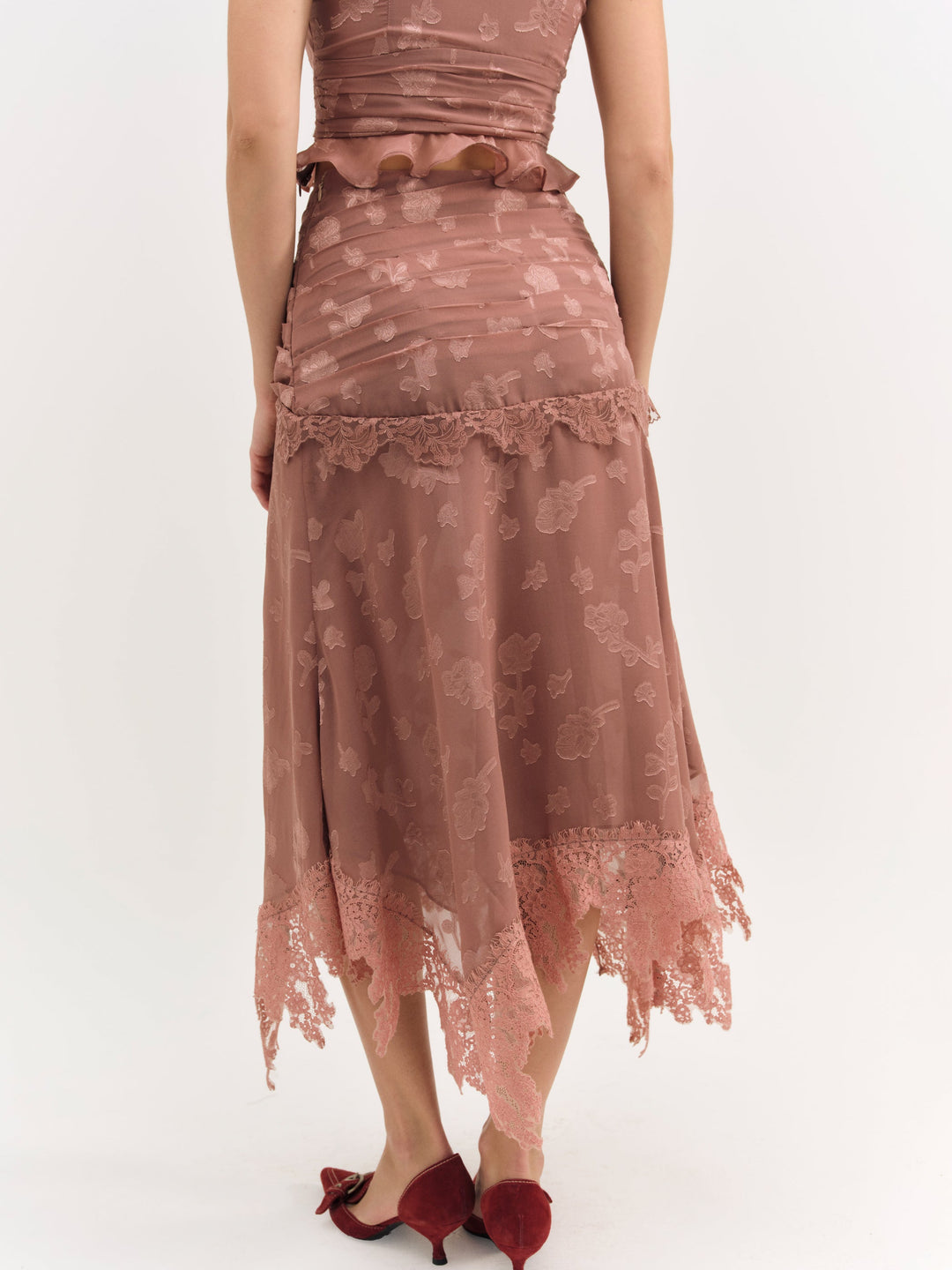 For Love and Lemons Colette Satin Burnout Midi Skirt - Mahogany