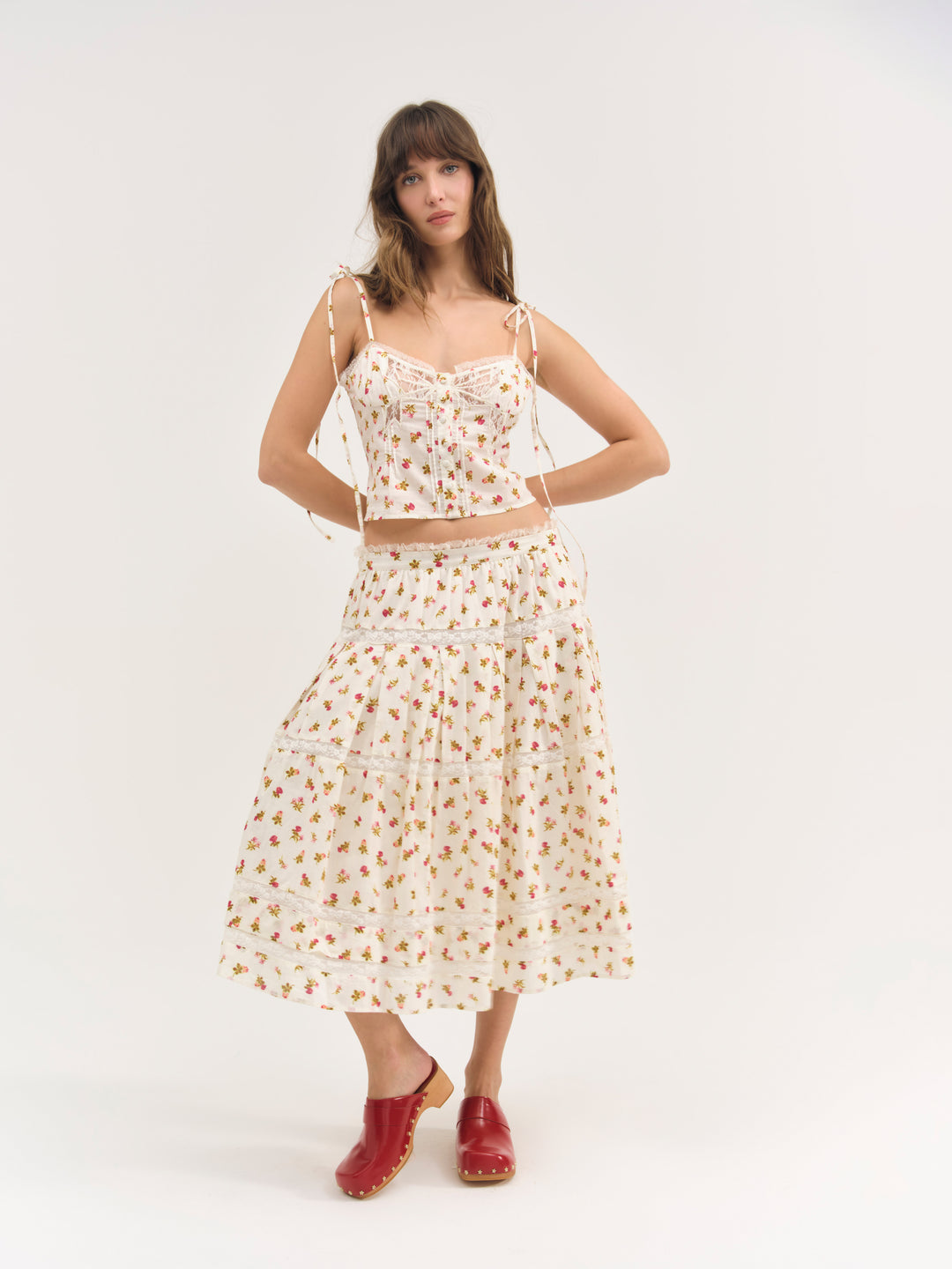 For Love and Lemons Adahlia Floral Midi Skirt - Cream
