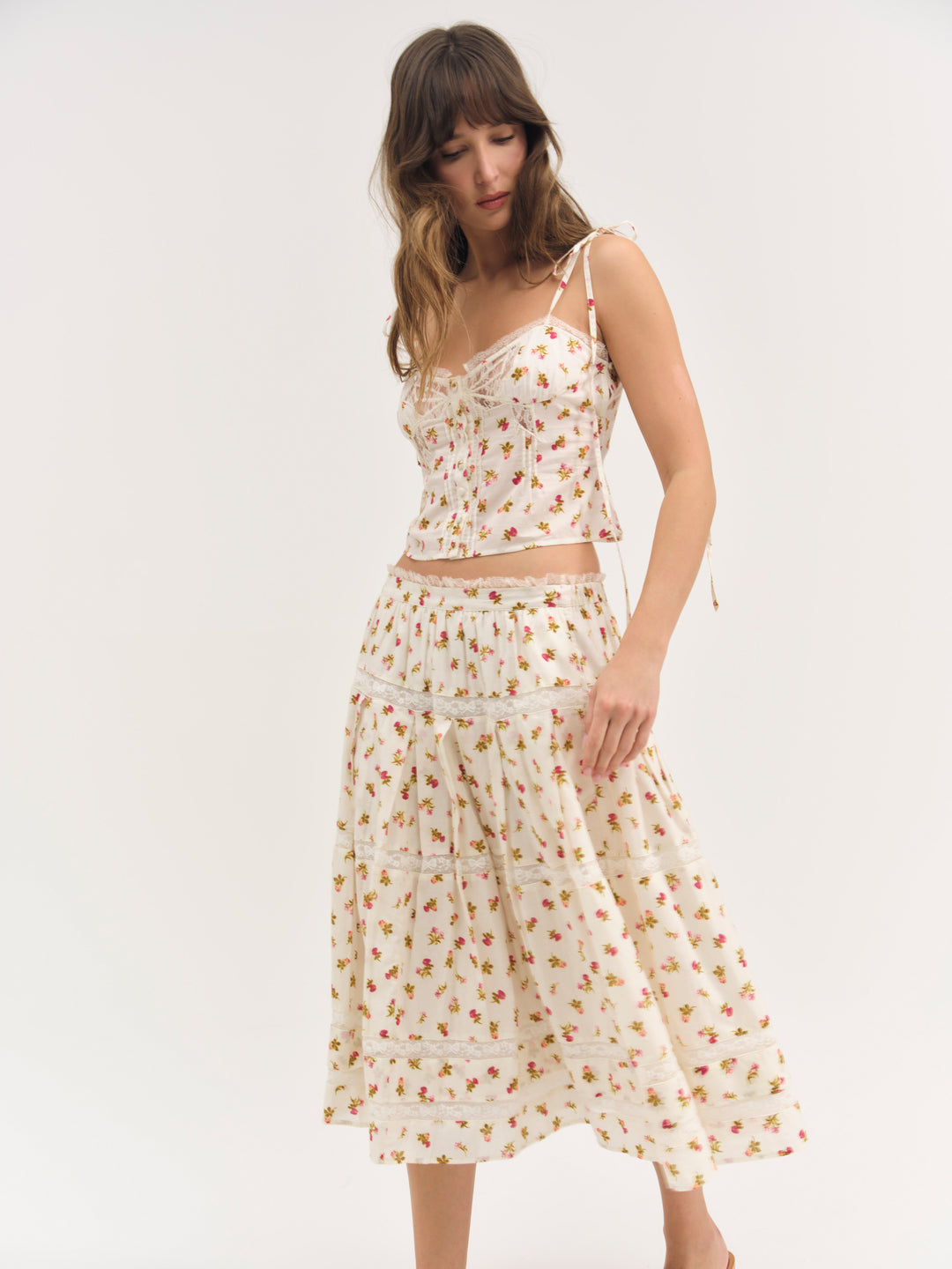 For Love and Lemons Adahlia Floral Midi Skirt - Cream