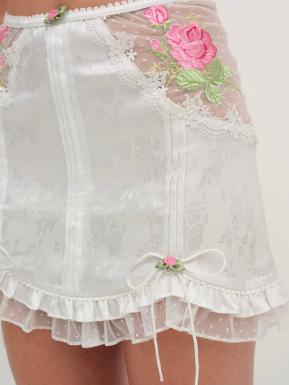 For Love and Lemons Heirloom Rose Slip Skirt - White