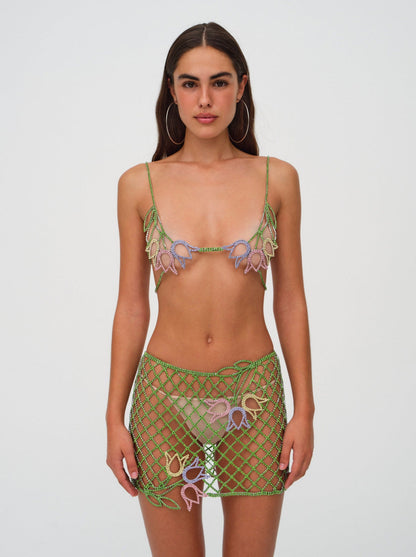 For Love and Lemons Tulip Grid Rhinestone Skirt - Green