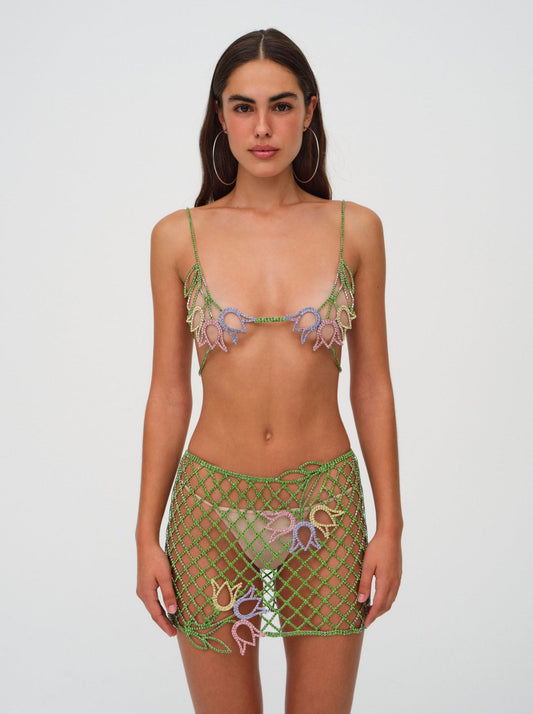 For Love and Lemons Tulip Grid Rhinestone Skirt - Green
