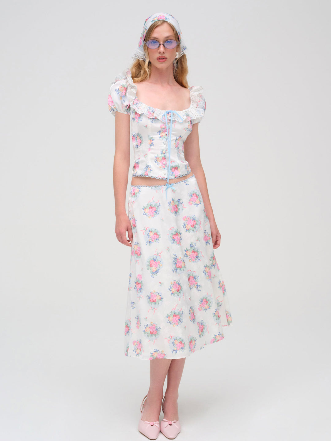 For Love and Lemons Doily Bouquet Midi Skirt - White